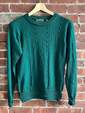Vintage Forest Green Cable-Knit Crewneck Wool Sweater Men’s Size M Granola 90s